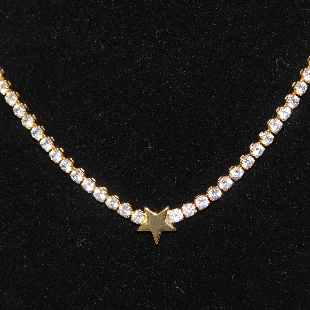Tennis Necklace Choker With Gold Star Jeweled Necklace